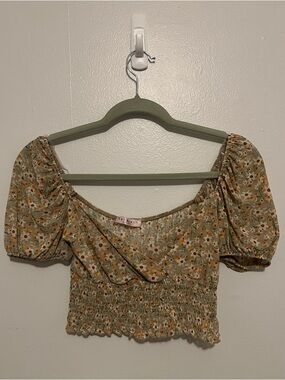 Sage Floral Smocked Puff-Sleeve Crop Top